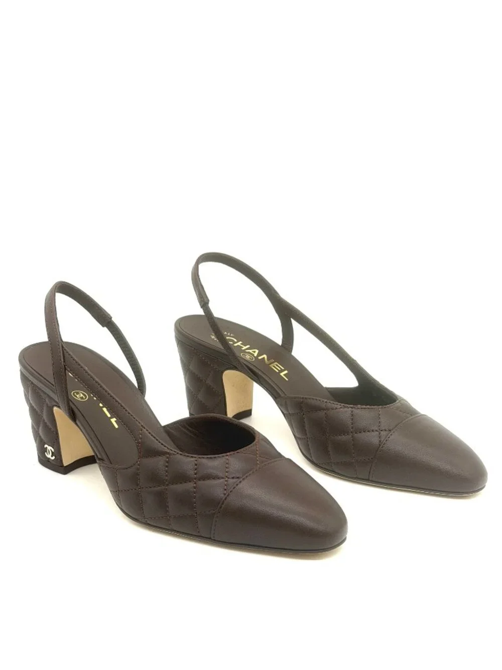 CHANEL 26B Coco Quilted Leather Mademoiselle Slingback Sandals Block Heels Pump